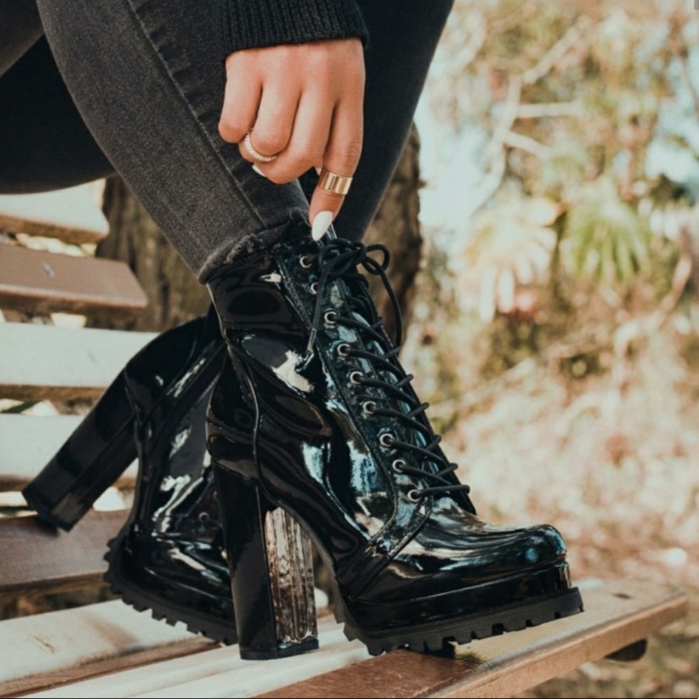 Patent Lug Sole Lace Up Combat Platform Boots - Picture 2 of 16